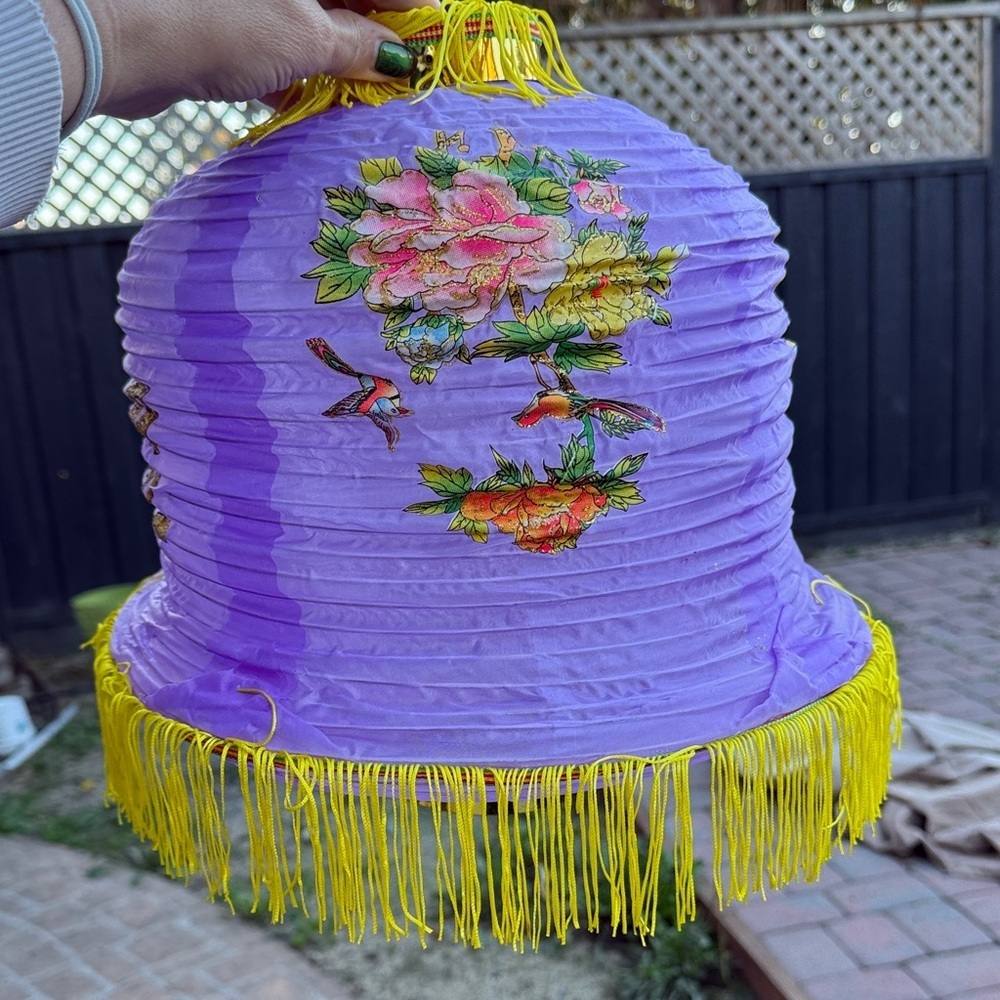 2 fabric Vintage Purple Floral Lantern with Yellow Fringe and green